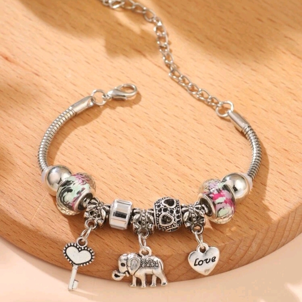 Silver Charm Bracelet with Elephant & Heart & Key Charms New!